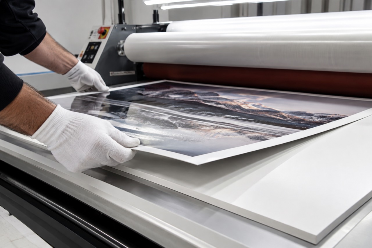 Préparation d’un tirage photographique au laminateur dans notre atelier