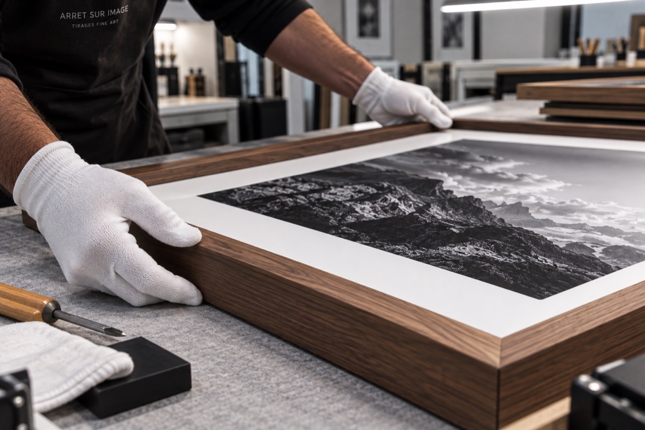 Encadrement d’un tirage photographique dans un cadre en bois à l’atelier