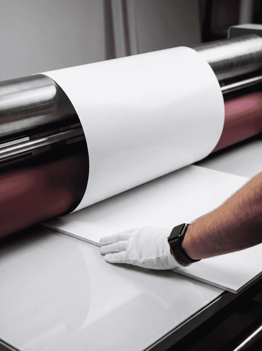 Préparation d’un tirage photographique au laminateur dans notre atelier