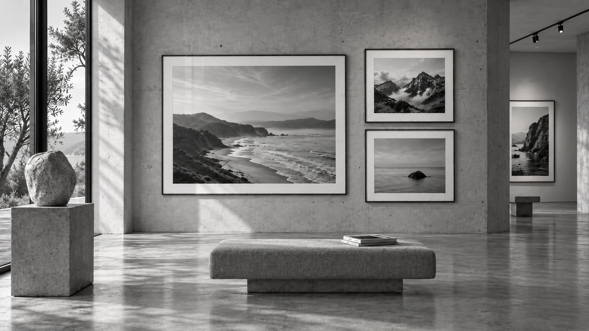 Photographie de paysage encadrée dans un intérieur lumineux