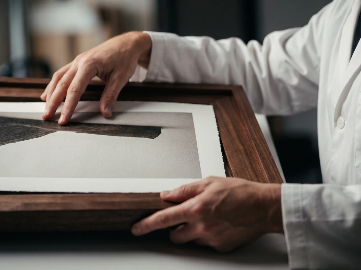 Encadrement d’un tirage photographique dans un cadre en bois à l’atelier
